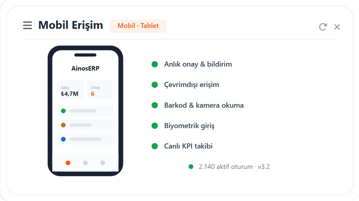 AinosERP Mobil kullanım modülü arayüzü